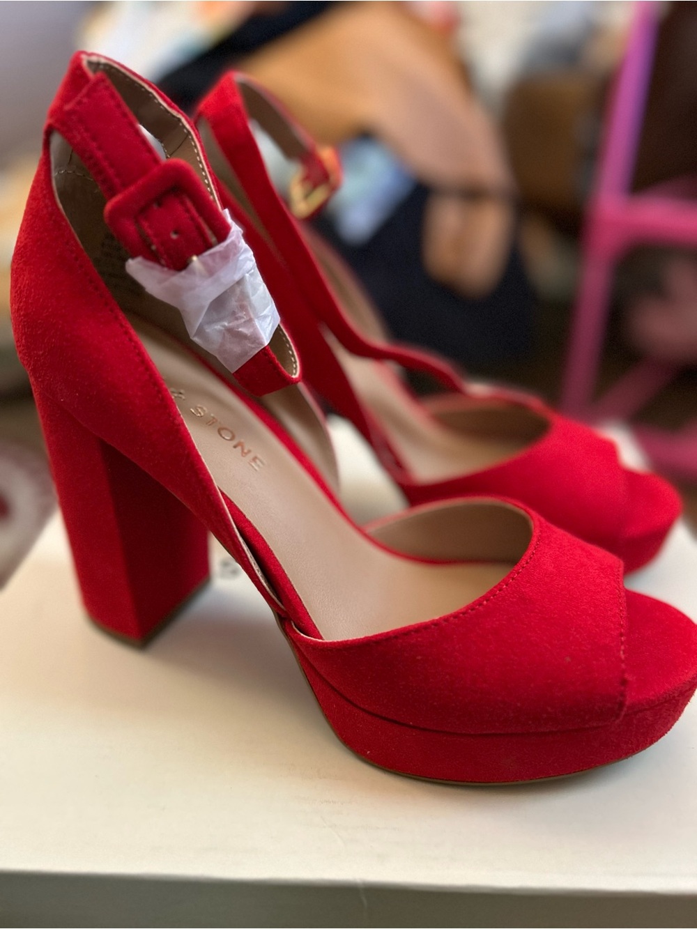 Sun + Stone Red Suede Platform Block Heel Sandals